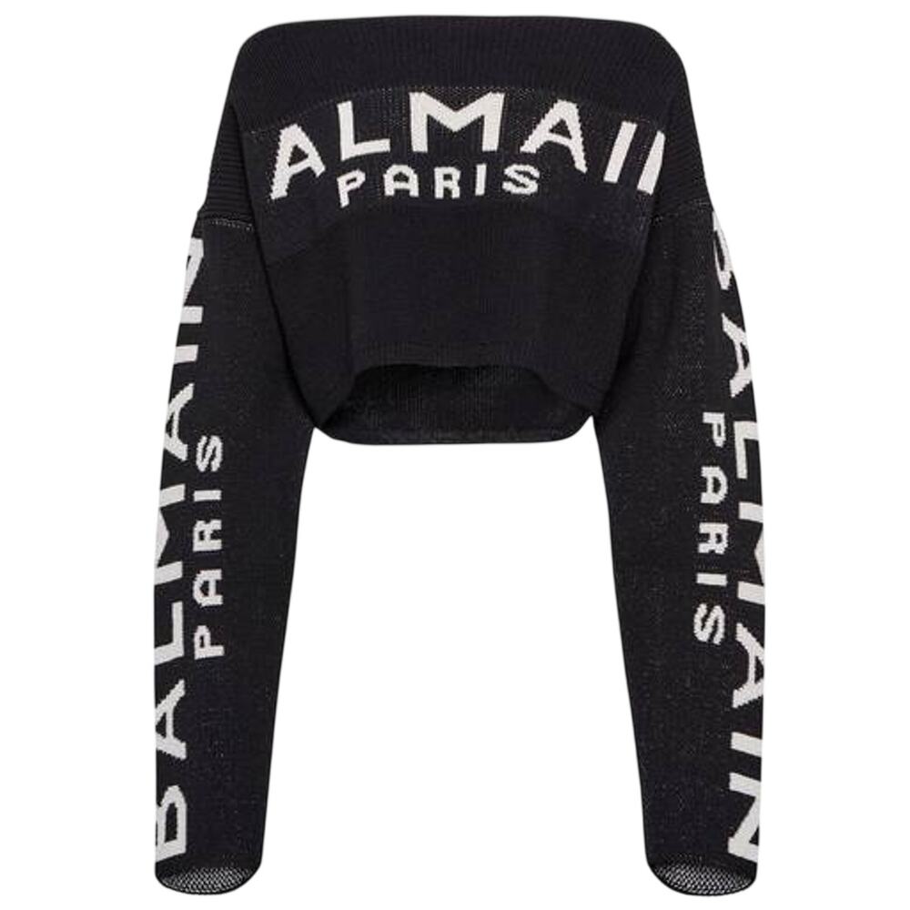 Balmain Off-Shoulder Black Logo Cropped Sweater Size FR 34 / US 2